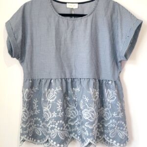 ORANGE CREEK CHICO WOMEN'S BLUE GINGHAM PEPLUM BABYDOLL STYLE EMBROIDERED